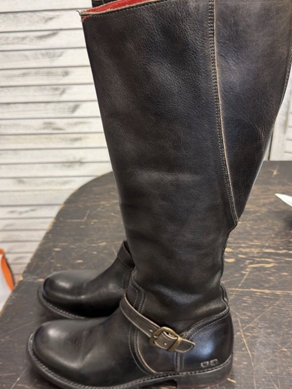 BED STU Glaye Black Leather Tall Knee High Boots Red Lug Sole Zip Size 10